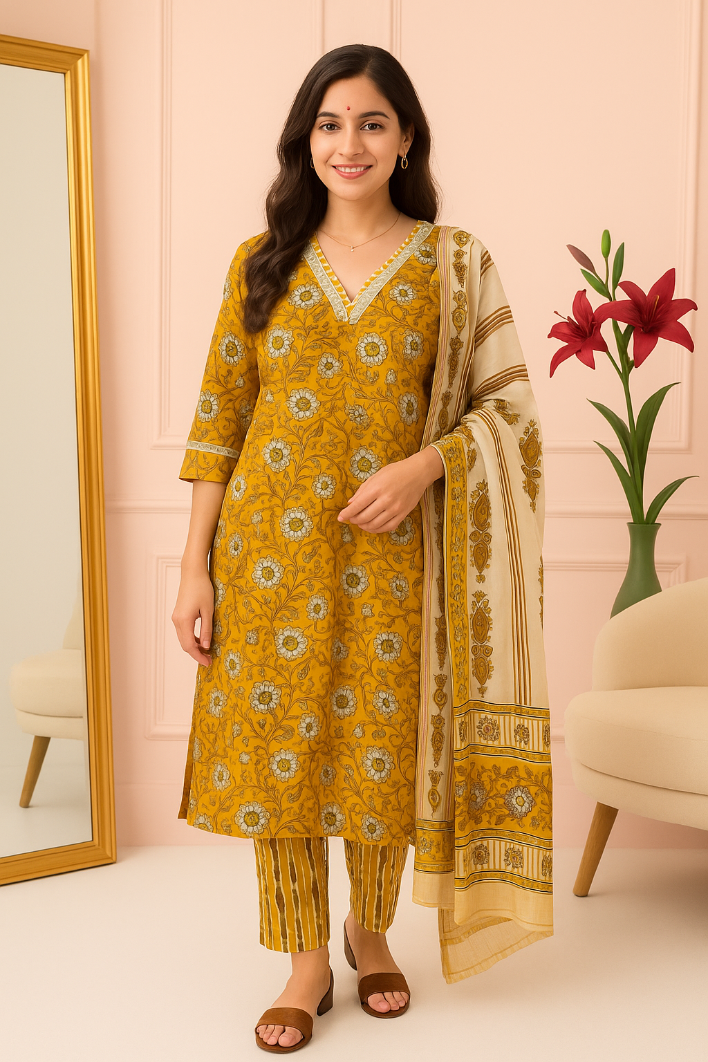 Suryanshi Floral Harmony Kurti Pant Set with Dupatta