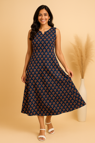 Midnight Blossom Ajrakh Print Dress