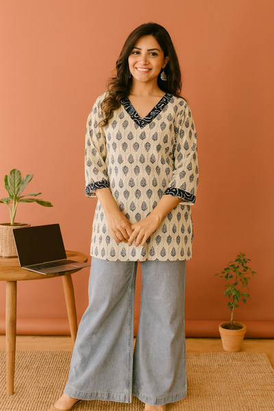 Ivory Indigo Bloom Short Top