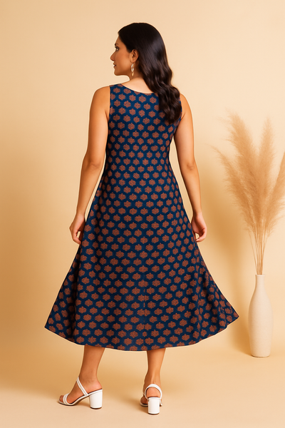 Midnight Blossom Ajrakh Print Dress