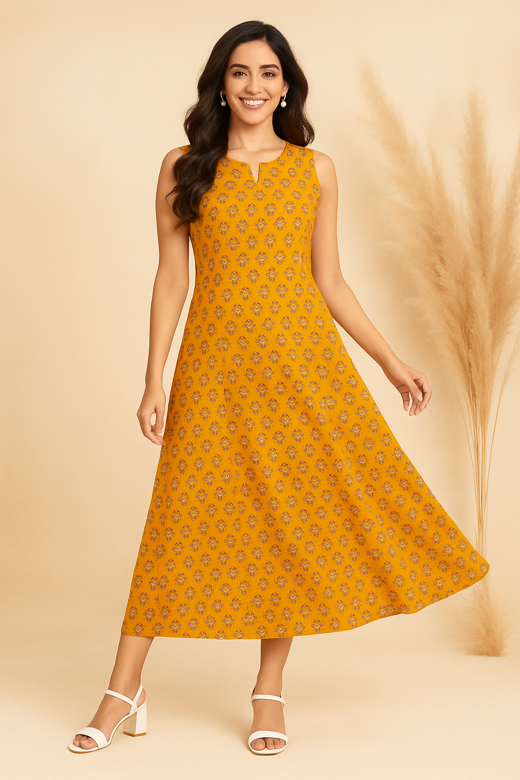 Mustard Meadow Muse Ajrakh Print Dress
