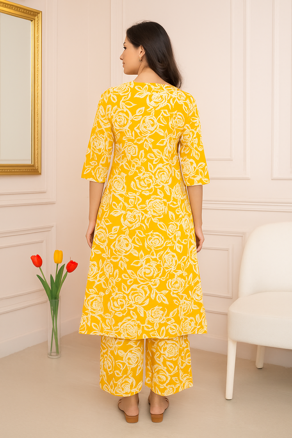 Sunlit Rose V Neck Centre Box Pleat Co-ord Set