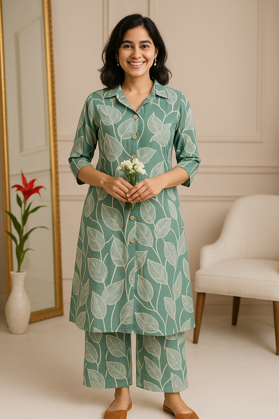 Mint Leaf Apple Cut Collar Top and Palazzo Pant Co-ord set